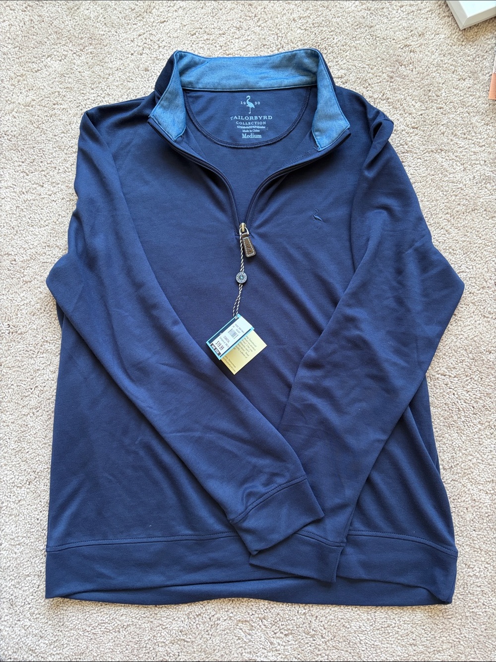 Tailorbyrd Men’s Zip-Up Sweater in Navy with Light Blue Collar